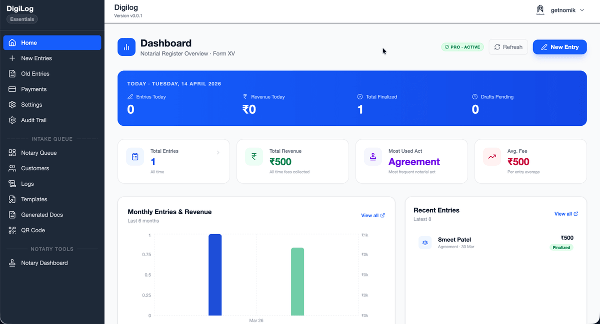 DigiLog Dashboard Mockup — Digital Notary Logbook Interface